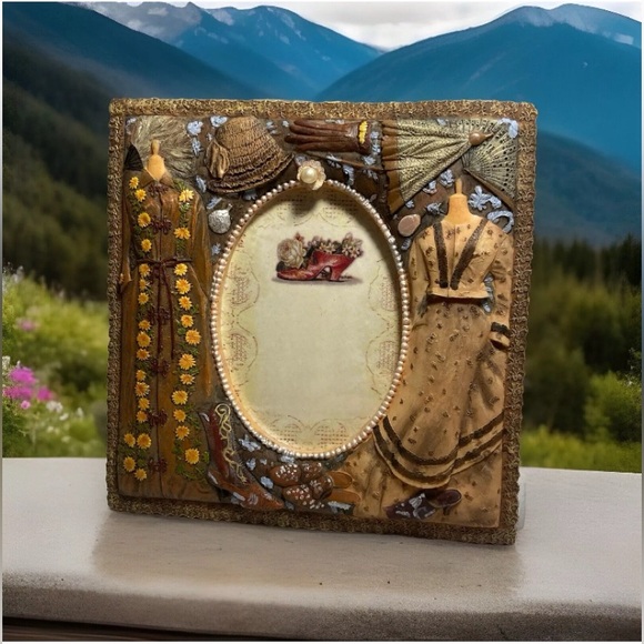 Vintage 90s Victorian outfit theme Resin Picture Frame 3D dress hat fan decor - Picture 16 of 16